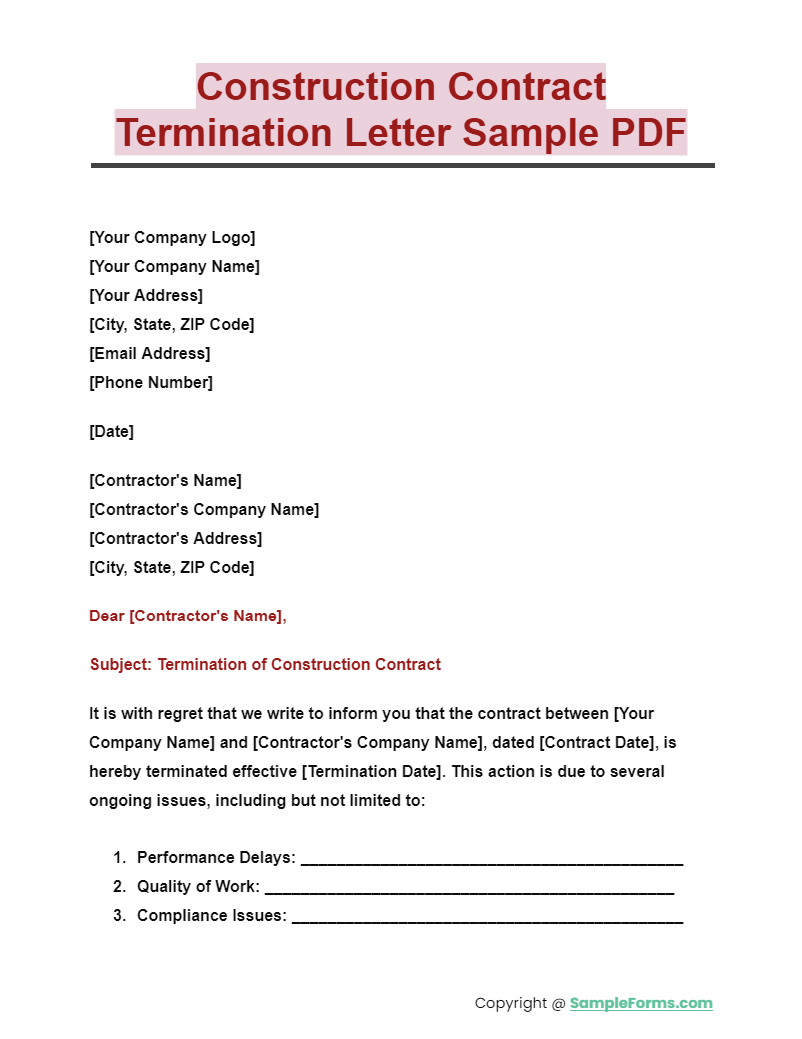 نمونه نامه فسخ قرارداد ساختمانی به صورت PDF