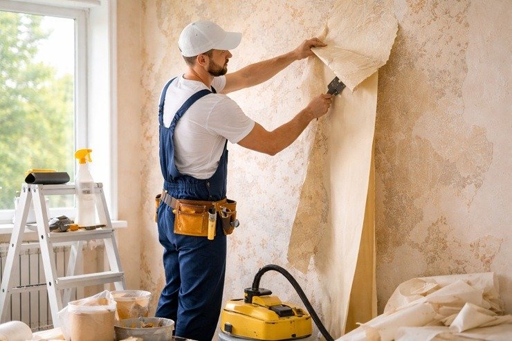 پیمانکار متخصص در حال حذف کاغذ دیواری قدیمی برای نصب جدید