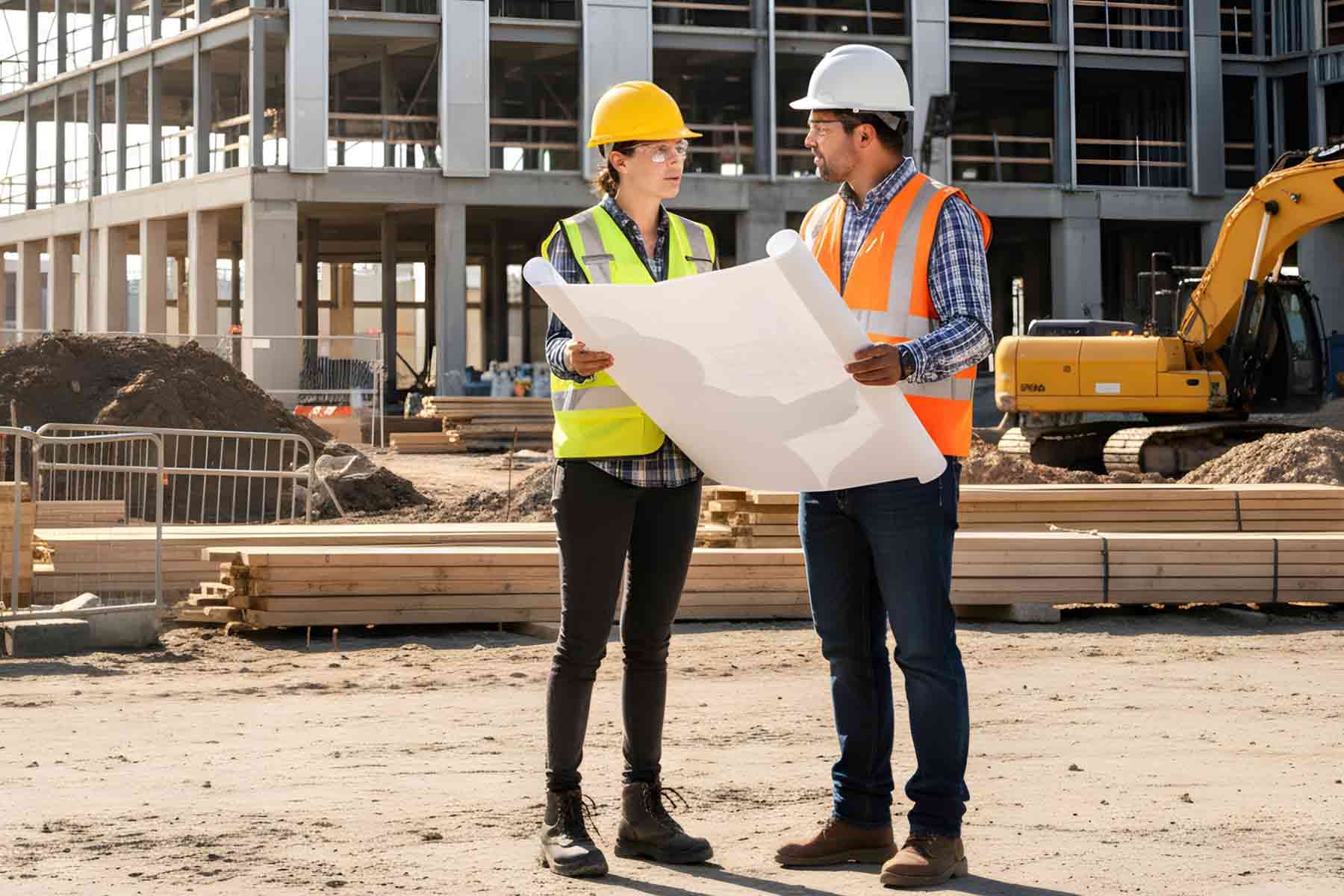 پیمانکار مدیریت ساخت در حال بررسی نقشه‌های ساختاری با کارفرما